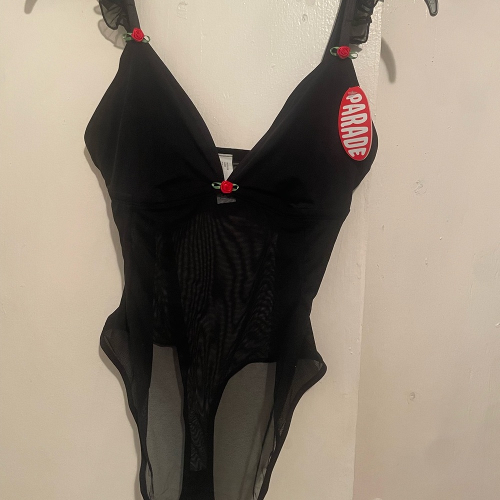 Black Sheer Bodysuit with Rose Accents - Picture 3 of 6